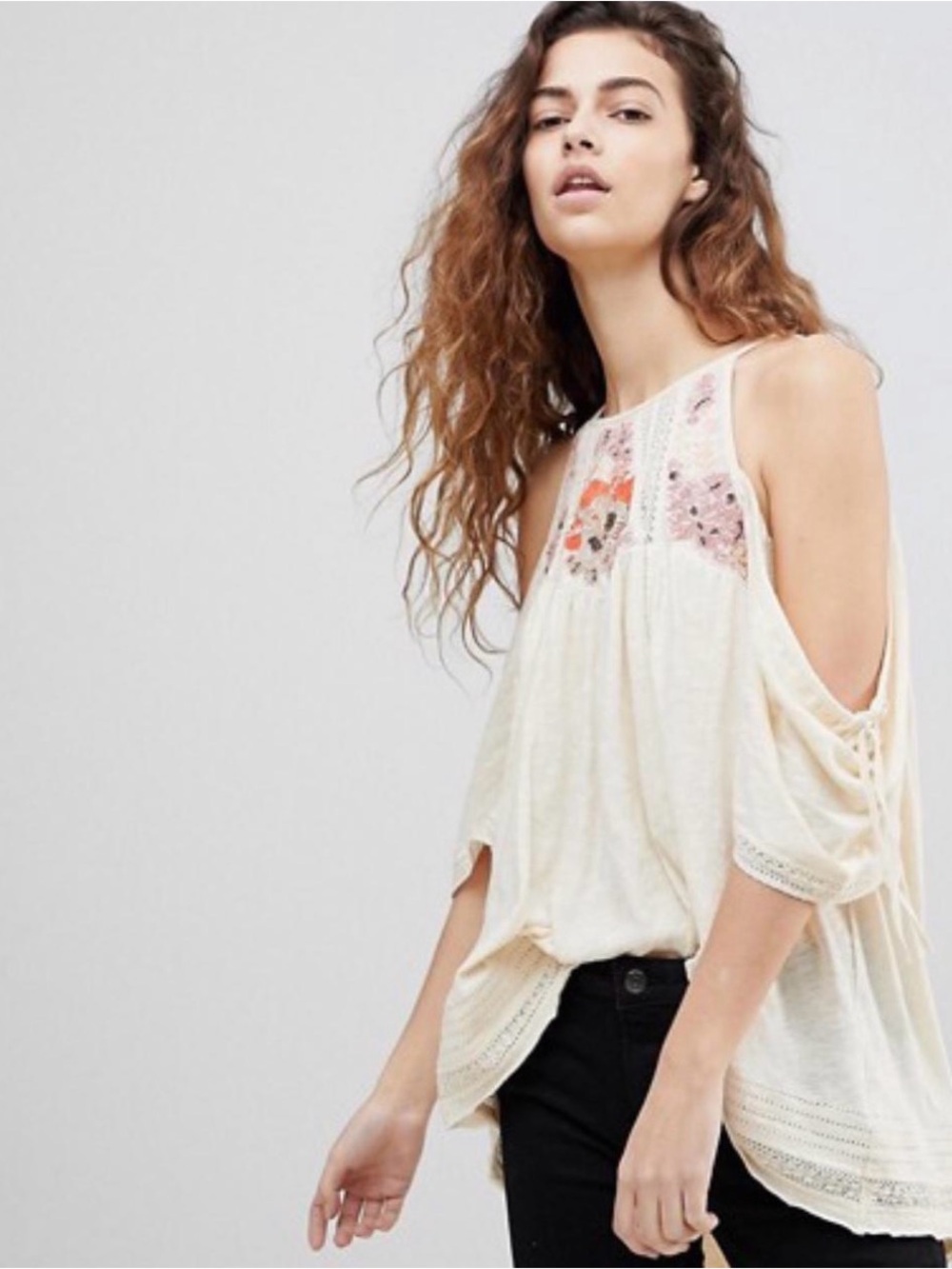 Free People Fast Times Cold Shoulder Top XS xsmall (Neutral) embroidered beaded